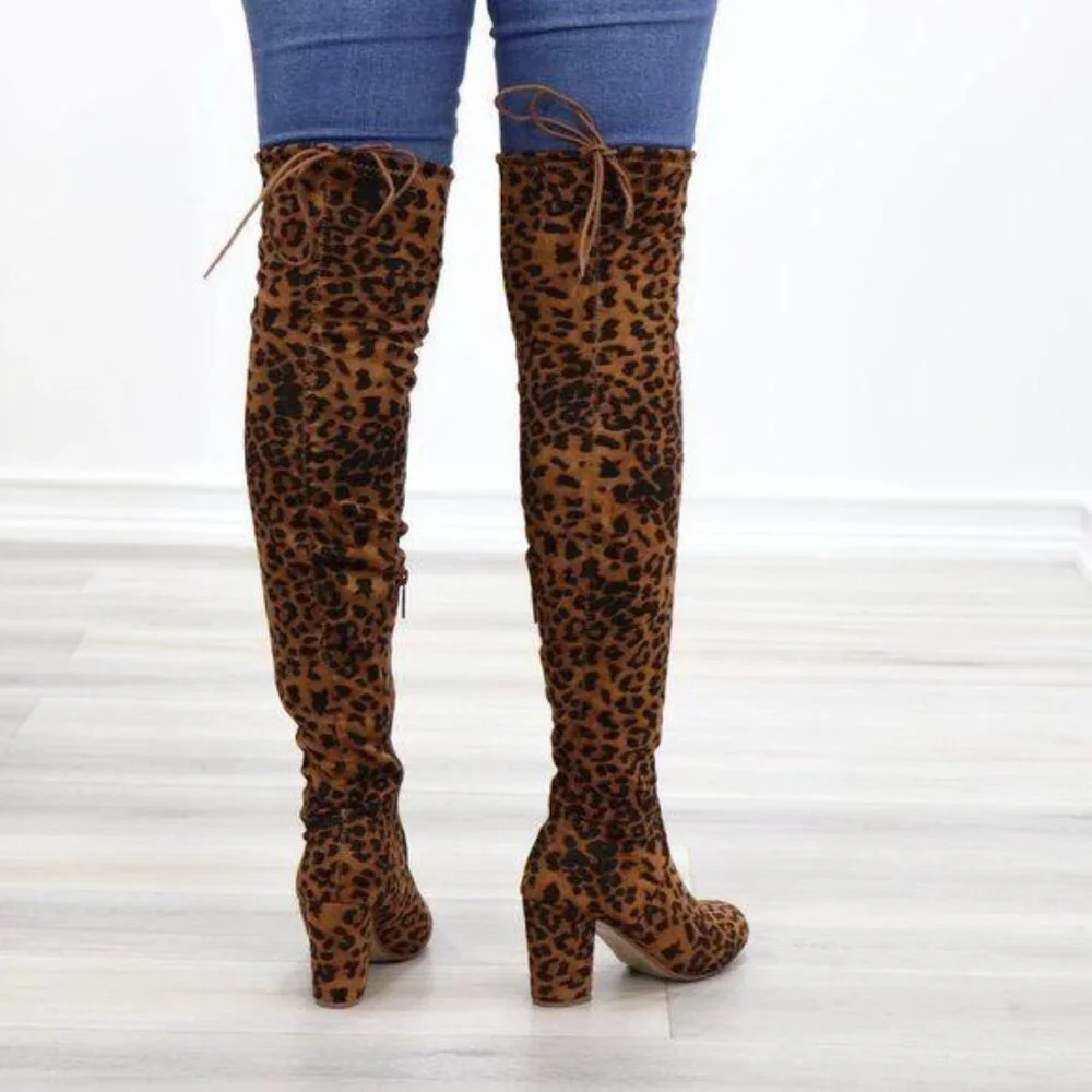 Suede Leopard Thigh High Heeled Boots